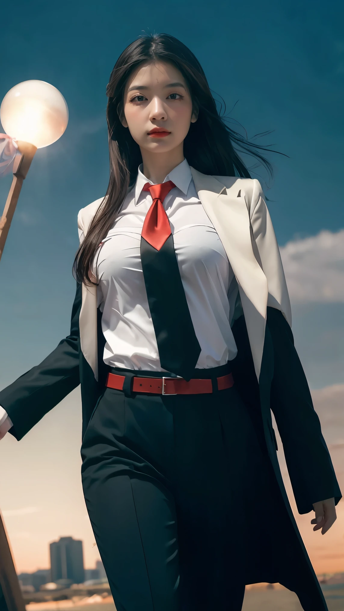 ((Masterpiece, best quality, very detailed), Volumetric light, surrounding occlusion, Rich and colorful, glow), 1 woman, , young girl, (Smooth black), long hair, radius, sacred, goddess, CEO Luke, (black suit, White shirt and red tie:1.3), long black coat, ((a green wind orb on hand)), outdoor, sunset, sky, cloud, (Fantasy Theme:1.2), (full body:0.8)