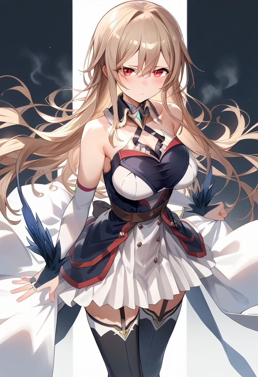 rnel,frnel, very long hair, blonde hair, brown hair, bangs, red eyes, hair between eyes, large breasts, 1st costume, dress, short dress, detached collar, bare shoulders, detached sleeves, cleavage, collarbone, bridal gauntlets, black thighhighs, zettai ryouiki, garter straps, waist cape,boots, high heels, standing,blush,steaming