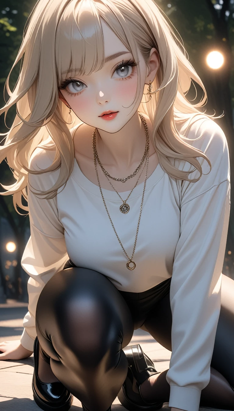 (very aesthetic, best quality, ultra detailed), intricate details,
1girl, beautiful girl,
senior, european, chestnut eyes, pale cheeks, square face shape with angular jaw,natural "no-makeup" makeup,
Overrun Garden with Statues,
wearing Chunky cable-knit Aran sweater with wide-leg corduroy pants and platform sneakers and lace top stockings ,
golden blonde hair ,
pixie cut hair ,
Upper Body ,
From Above,
crouching,
cheerful and lively, hyperrealism,
dark theme,
soothing tones,
high contrast,
natural skin texture,
soft light,
sharp,
artistic photoshoot,