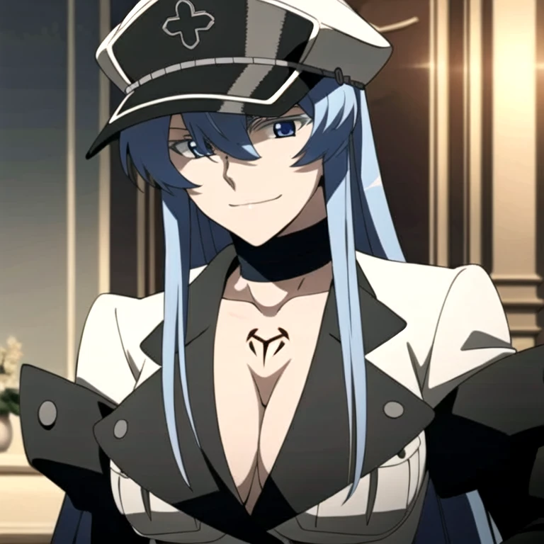 Esdeath, breasts, smile, large breasts, hat, cleavage, weapon, choker, sword, hair between eyes, uniform, military, military uniform, belt, tattoo, peaked cap, chest_tattoo