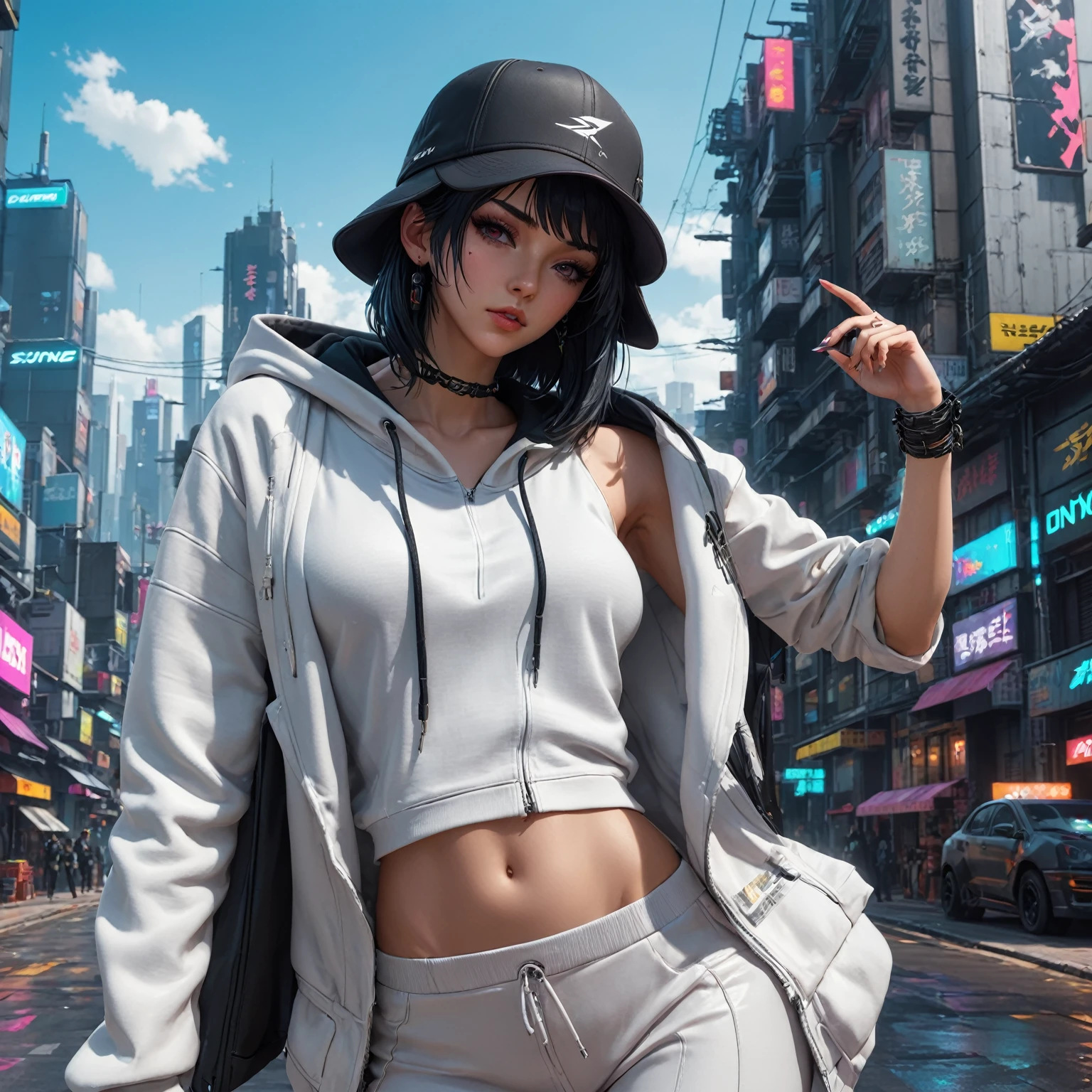 (sexy latex white oversized_hoodie:1.4) BREAK
[1boy:1girl:0.3], tomboy, solo, very short black hair, pixie cut, tan, (muscular:0.9), (large breasts:1), (medium breasts: 0.25), full-face blush, choker, BREAK
Kabukicho, Shinjuku, futuristic neo tokyo streets, dramatic lighting, absurdres, best quality, clouds, night, (bright neon signs:1.3), (neon:1.5), neon lights, moon, dark theme, crowded, busy, spacecraft, airship
<lora:GoodHands-vanilla:1><lora:oversized_sweater:.5>  <lora:LowRA:.8>