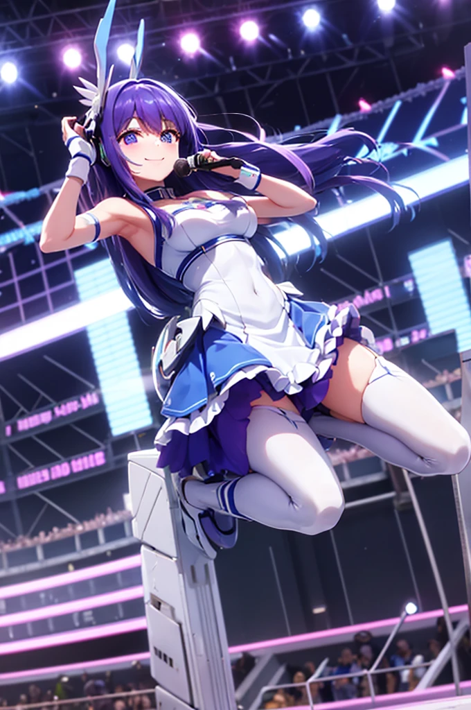 mecha wings、White and blue skirt、Thighs、tights、chest、Purple Hair、1 girl、solo girl、IS、Frame Arms Girl、income、headphone、smile、idol woman、idol dress