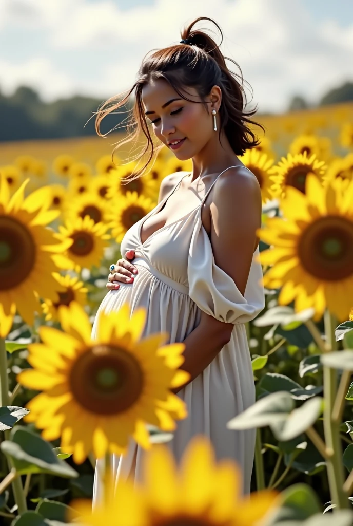 Beautiful naked feet woman standing in a meadow of sunflowers with her arms spread while standing backwards