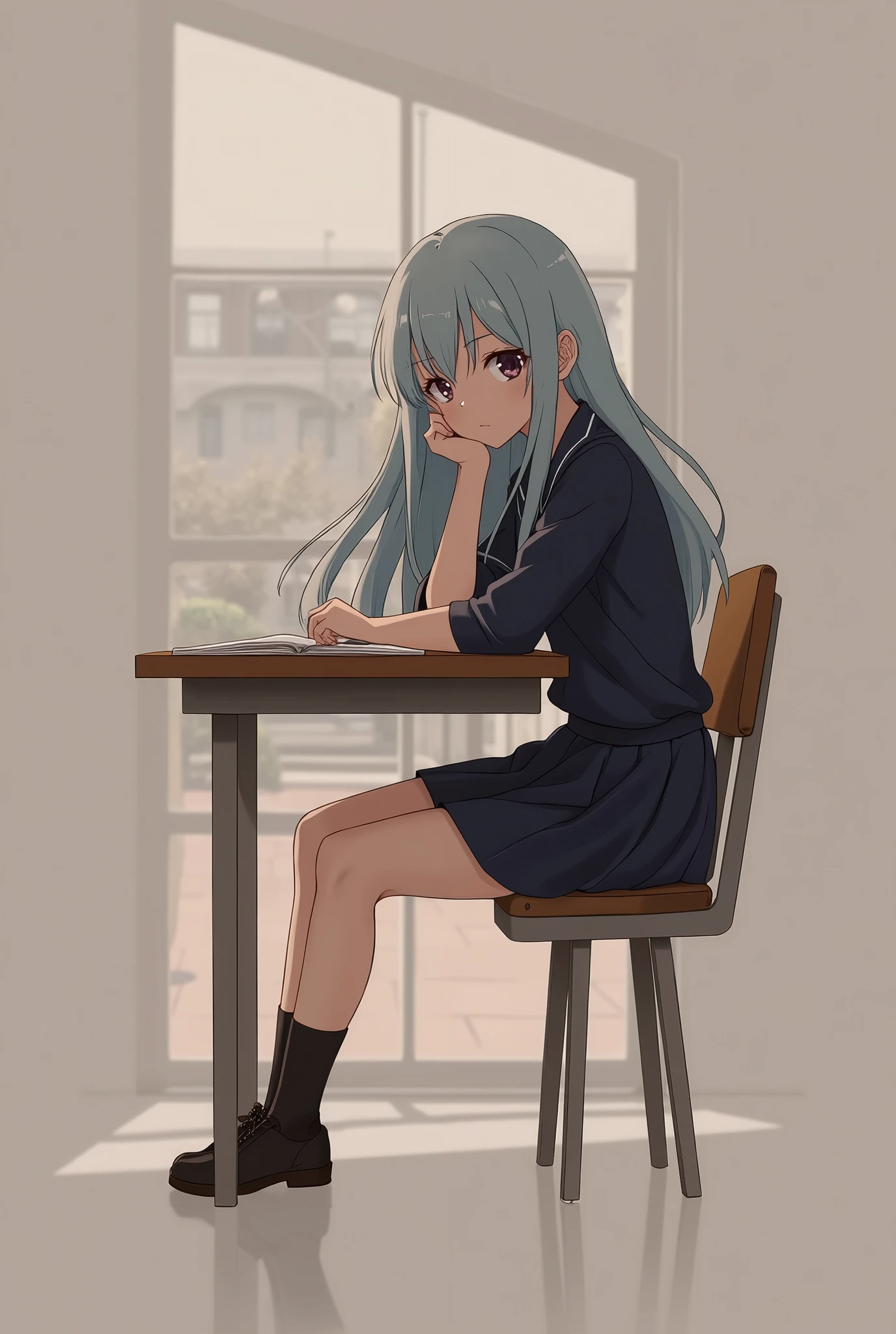 1 girl, Light blue long hair, dark blue, sit in class, modern black school uniform, アニメ