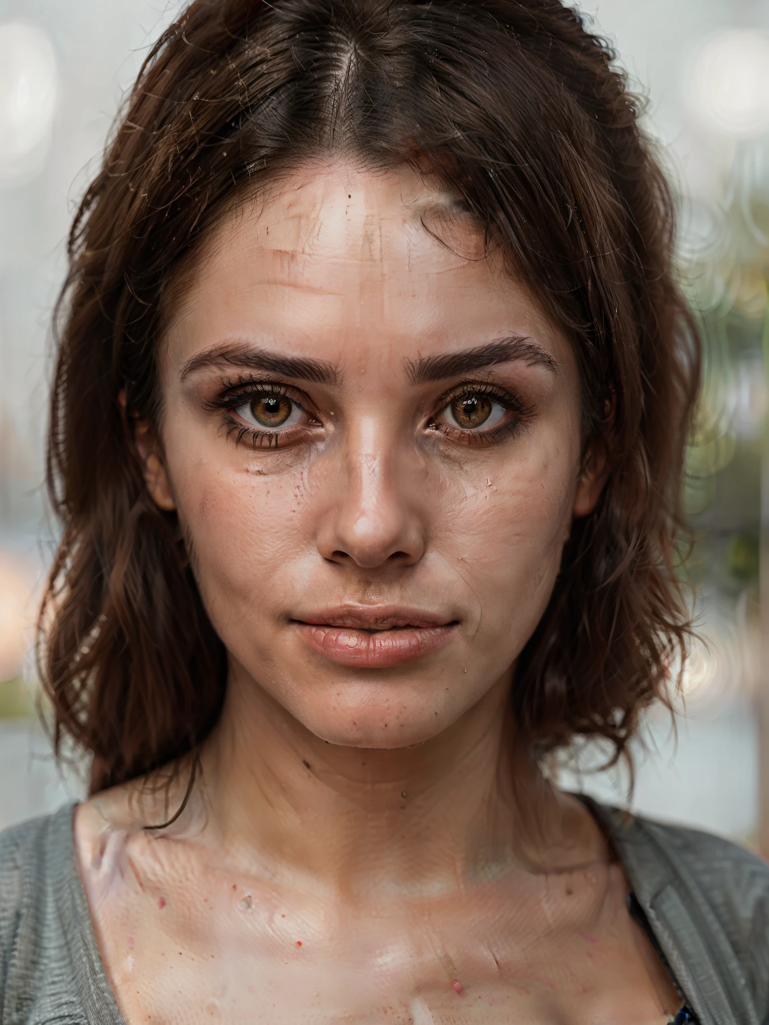 (((Photography:1.5))), (1 brazilian babe:1.2, clear eyes:1.23), Face portrait of a woman with long dark brown curly hair with blonde highlights, (((face expression like a tired also satisfied after the track))), (sweating), light brown skin and detailed seductive eyes, wearing triangle sport top, drinking coffee in a park  (((blurred background, bokeh:1.6, f/1.1))), best quality masterpiece, photorealistic, detailed, 8k, HDR, shallow depth of field, wide light, high contrast, backlighting, bloom, light glows, chromatic aberration, sharp focus, RAW color photo