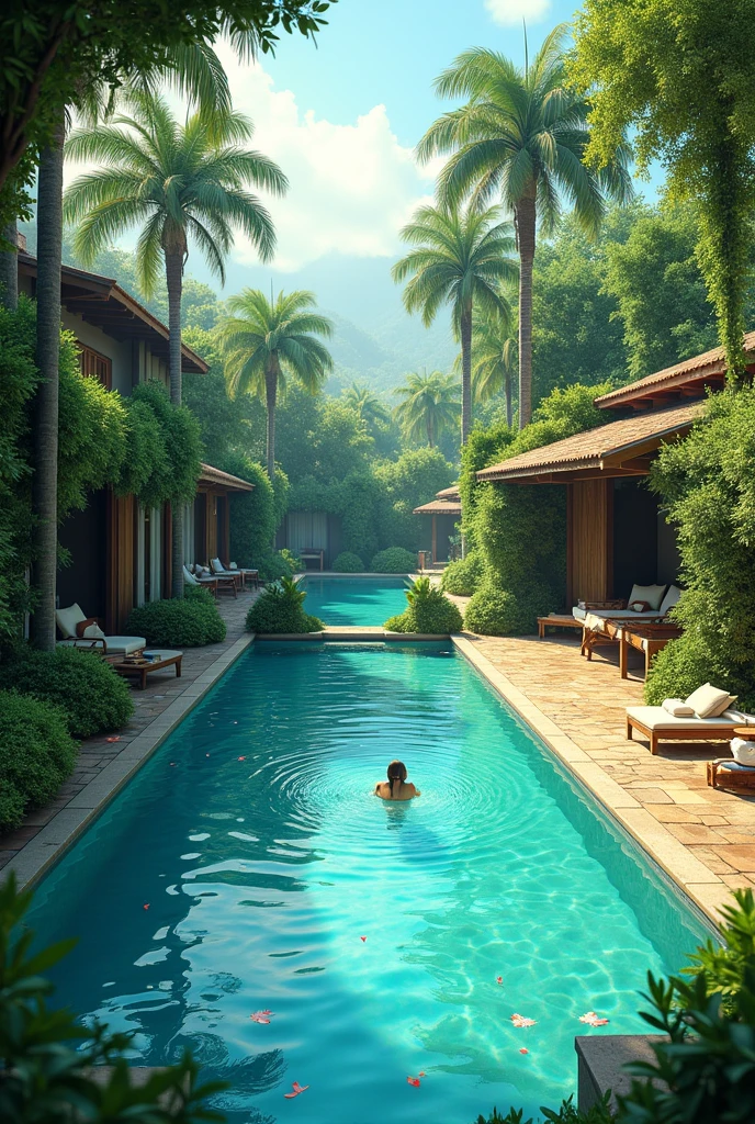 a girl swimming in the pool of resort villa can see ditch in the forest architecture tropical and cottage style surface is marble material background has a stone mountaun