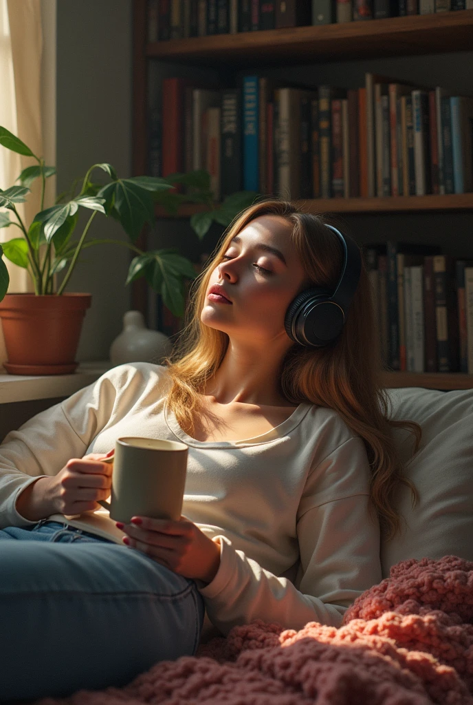 A photo of aWoman  with a book in his hand. The man is listening to an audiobook closed eyes on Relaxing chair 
