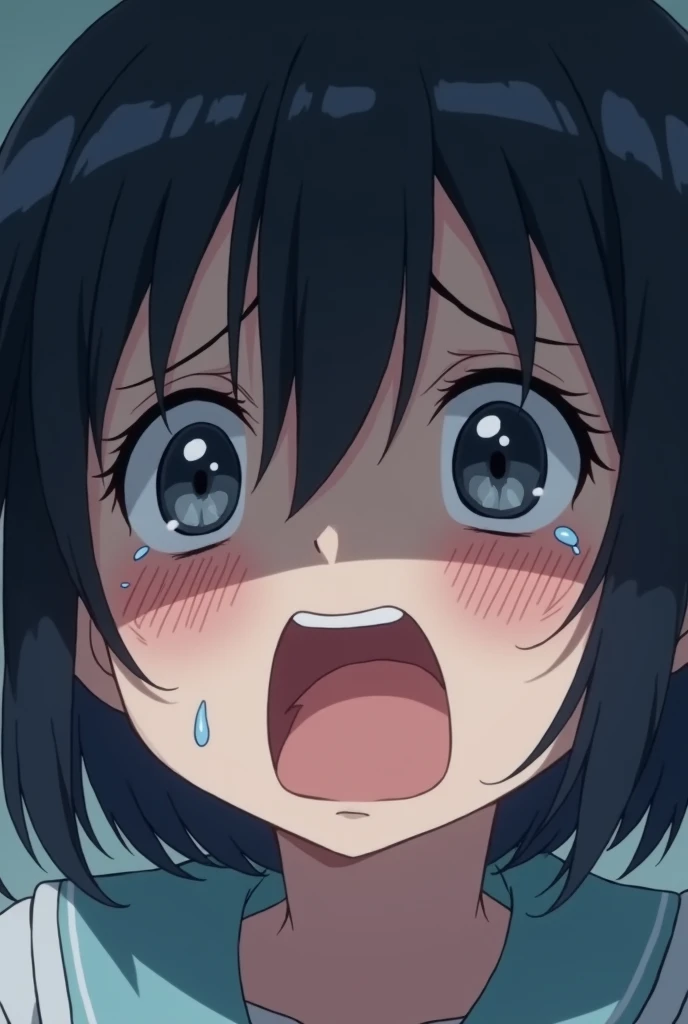 front view,face focus,shirt,Checked tie,,open mouth,tongue out,cum on tongue,lick,(1girl,Beautiful  girl),front face,from front,front view,looking at viewer, looking ahead,Black Hair,Beautiful and detailed anime art,Dimly lit room,Simple Background,Gray background,Low lighting