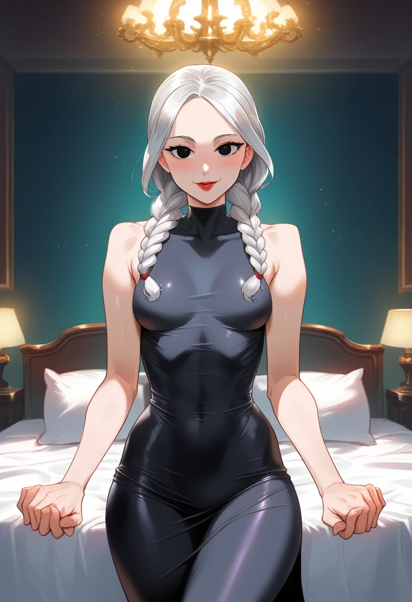 (best quality:1.3), (4k quality),(sharp image), Meimei, ((Detailed face)), ((masterpiece face)),((perfect detailed eyes)) (blush), Meimei, (((white silver hair, long white braided hair))), black eyes, red lips, red lips, sly face, face with stern features, ((detailed face)), perfect face, highly detailed eyes, masterpiece, absurdres , (intricate details), (colorful),cinematic lighting, extremely detailed CG unity 8k wallpaper , 1girl, solo, mature female, erected , fit body, black tight dress, ((bedroom)), ((perfect small erected breast))((fit slim body)), ((perfect small breast)), (((wicked smile))), fit slim body, standing in seductive pose, (((hands holding her tits)))(((hands on tits)))