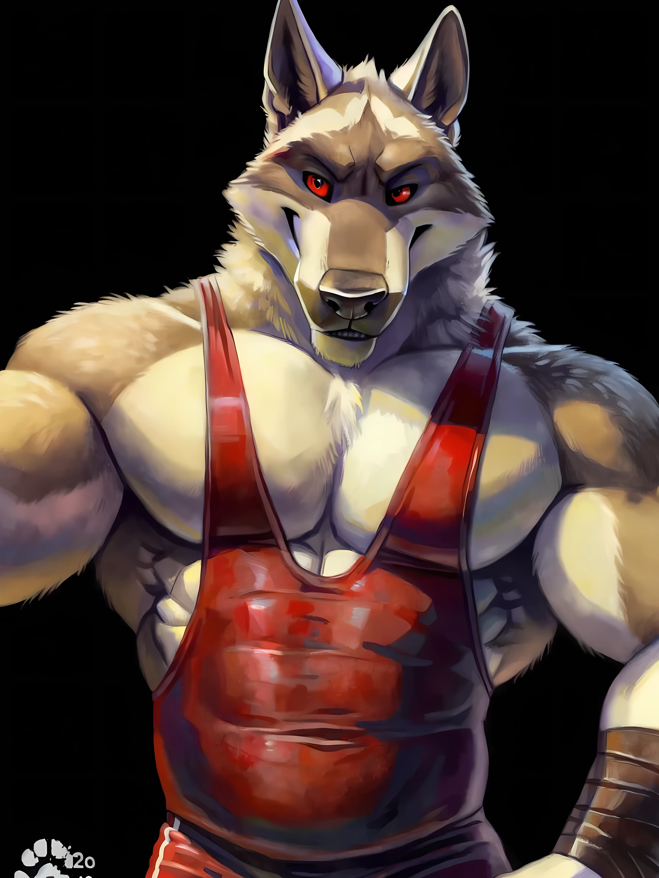 death (puss in boots), deathwolf, white fur:1.2, front view, facing camera, looking at camera, very muscular:1.5, big pectorals, muscular arms, sixpack, abs, simple background:1.5, dark background:1.1, by kusunagi, by raccoon21, by virtyalfobo, by blotch, correct proportions, correct anatomy, correct muscles, bare chest, half body, upper body, red eyes, black sclera, detailed eyes, wearing wrestling singlet, detailed wrestling singlet