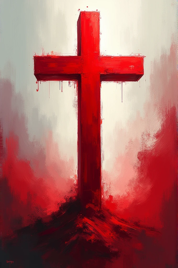 realistic wooden cross with spilled blood, and a background of a torn sky full of very realistic glory