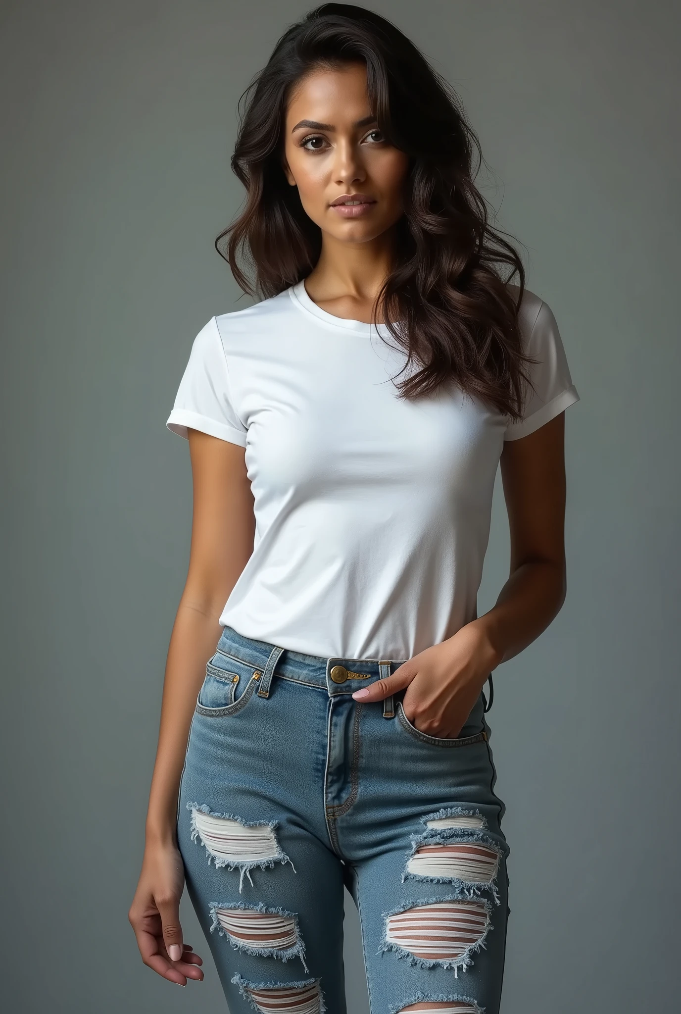 Pov Expansion, Photo Model, Tshirt Model, ((closeup tshirt)), White Tshirt((without print)), ((without stamp)), Front view, ((HalfBody)), ((centered)), 1 girl, film grain, dslr photo RAW, realism.