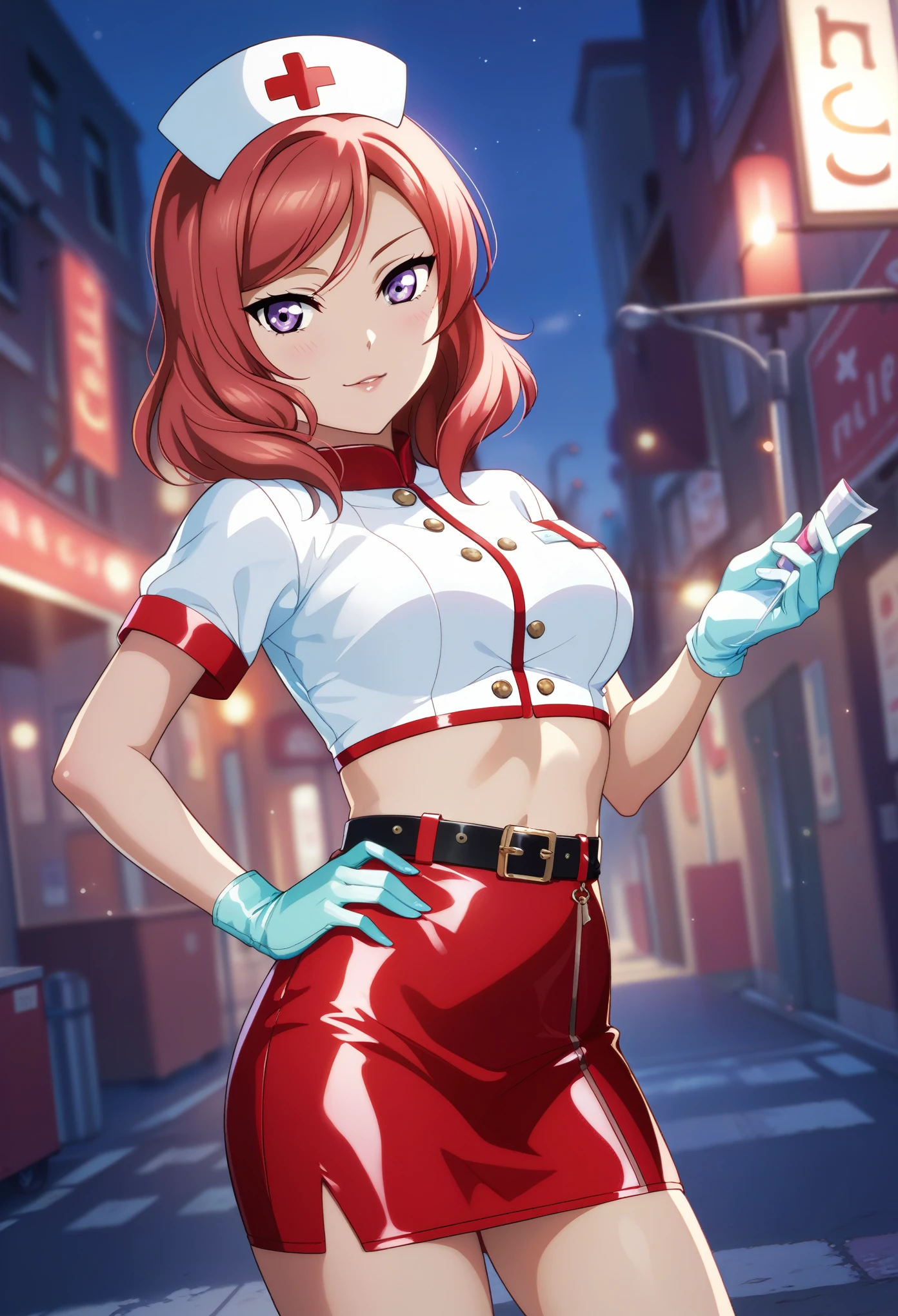 masterpiece, best quality, nishikino maki,red hair, medium hair, purple eyes , nurse, nurse cap, big breasts, red crop top, blue short sleeves,gloves,red skirt,belt,(skin tight:1.2),in Street 