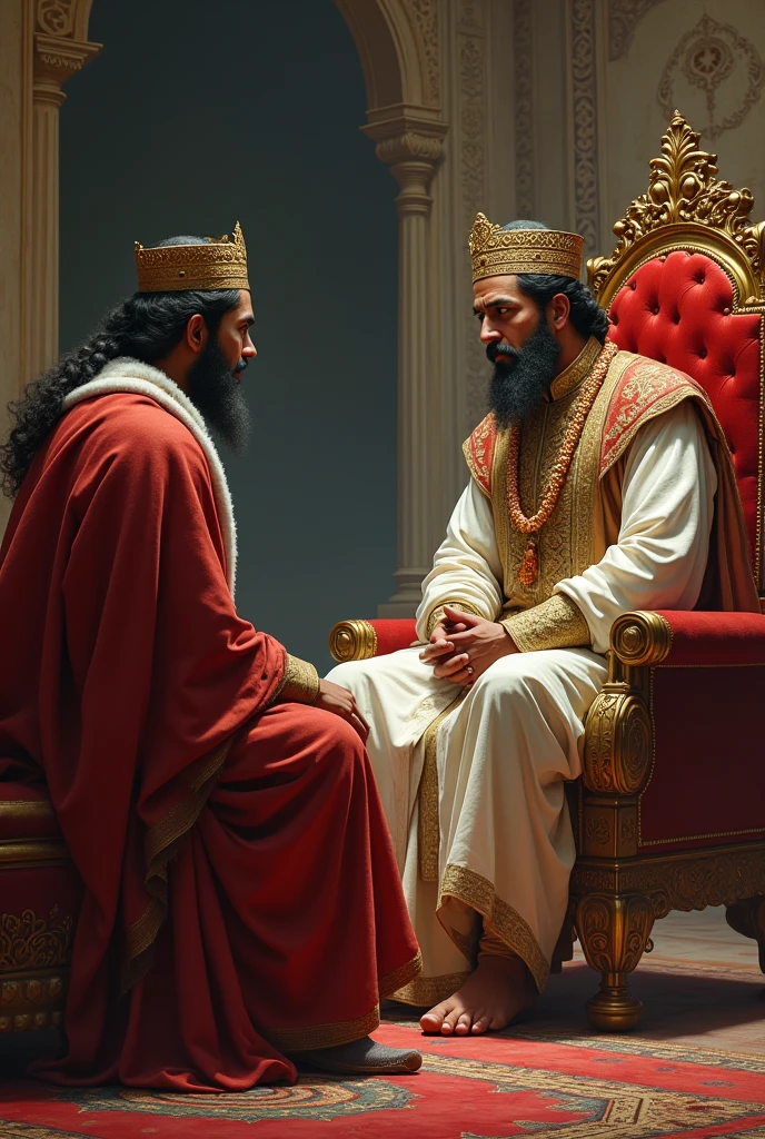 (photorealism:1.2), men, crowned, white robes, royals, golden royal throne room