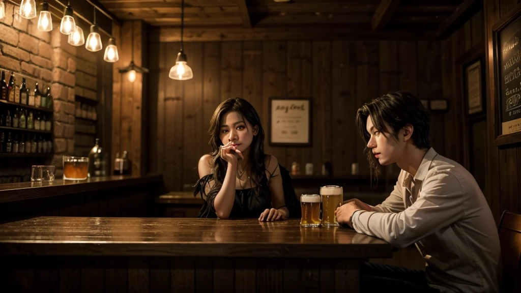 Three old friends arguing in a bar at night
