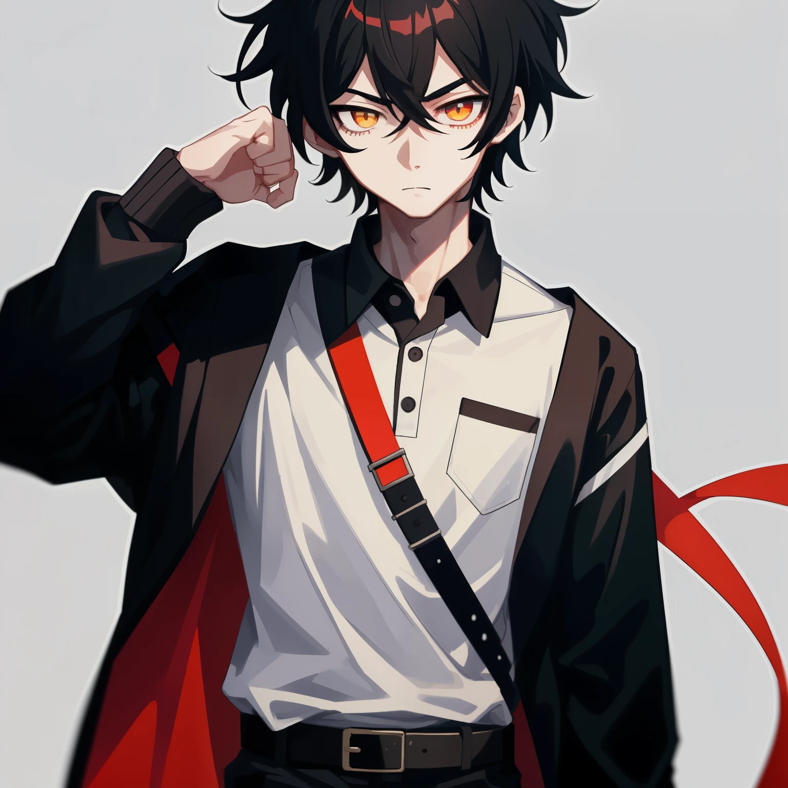 1male , Young Male , Black Button up Turtleneck , Demon Slayer Uniform , White Haori with yellow a accents worn over , Oumbre Hair , Black Hair , Crimson red highlighted hair , Low cut messy hair