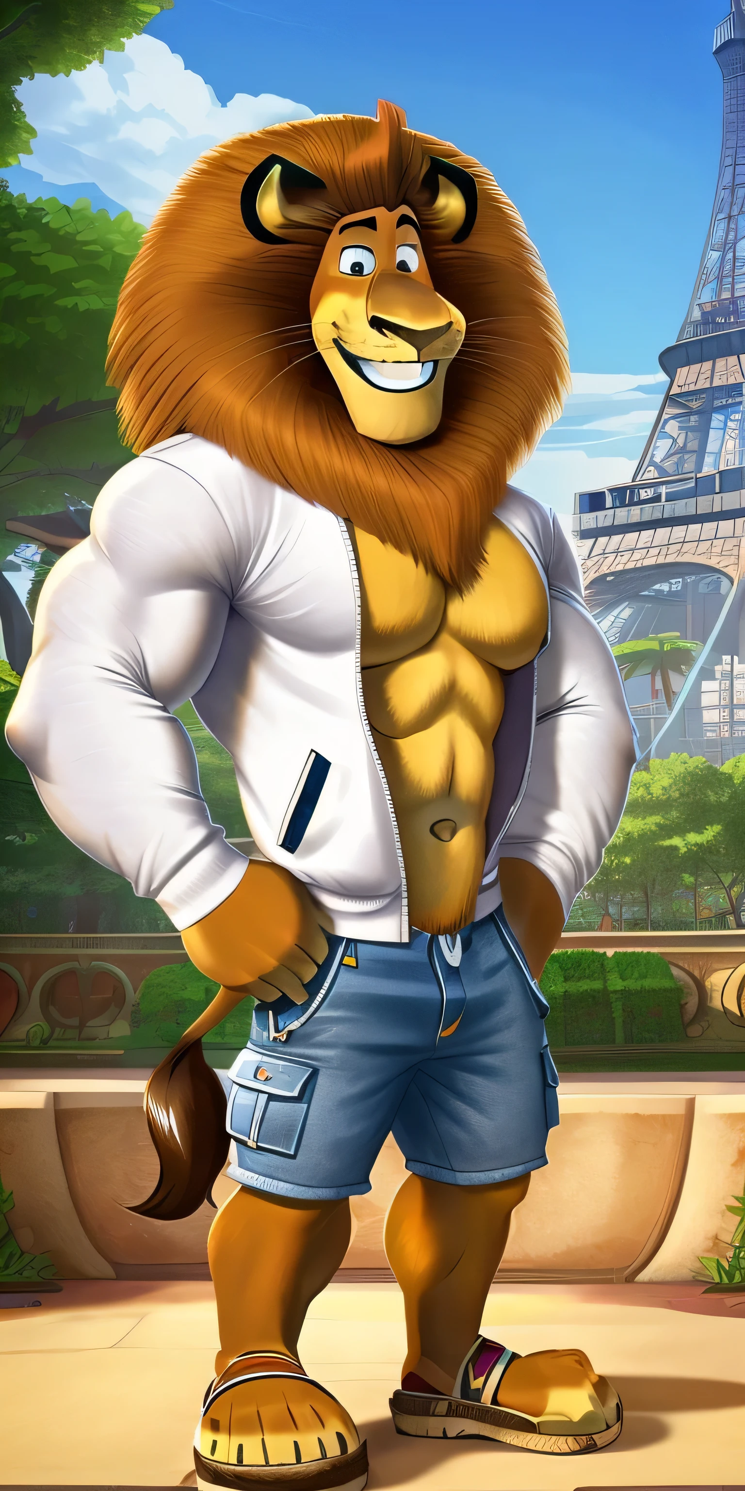 Alex the Lion, muscular body, big biceps, extremely beautiful and cute face, wears blue t-shirt, white varsity jacket with long sleeves, denim cargo shorts, sandals, Eiffel Tower background, selfie, gentle look, cute smiling