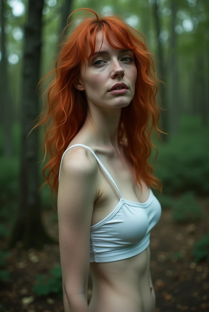 (8k, RAW photo, highest quality) a portrait of a 30-year-old redhead, framing from the navel, a few small freckles, torn nightie, peeled, leaning against a tree in the wilderness, goosebumps, cinematic, faded colors, dark shot, muted colors, grainy film, lut, crazy details, complex details, hyperdetailed, sunset,  shyness, seduction, romanticism, look at the viewer lovingly, f 9