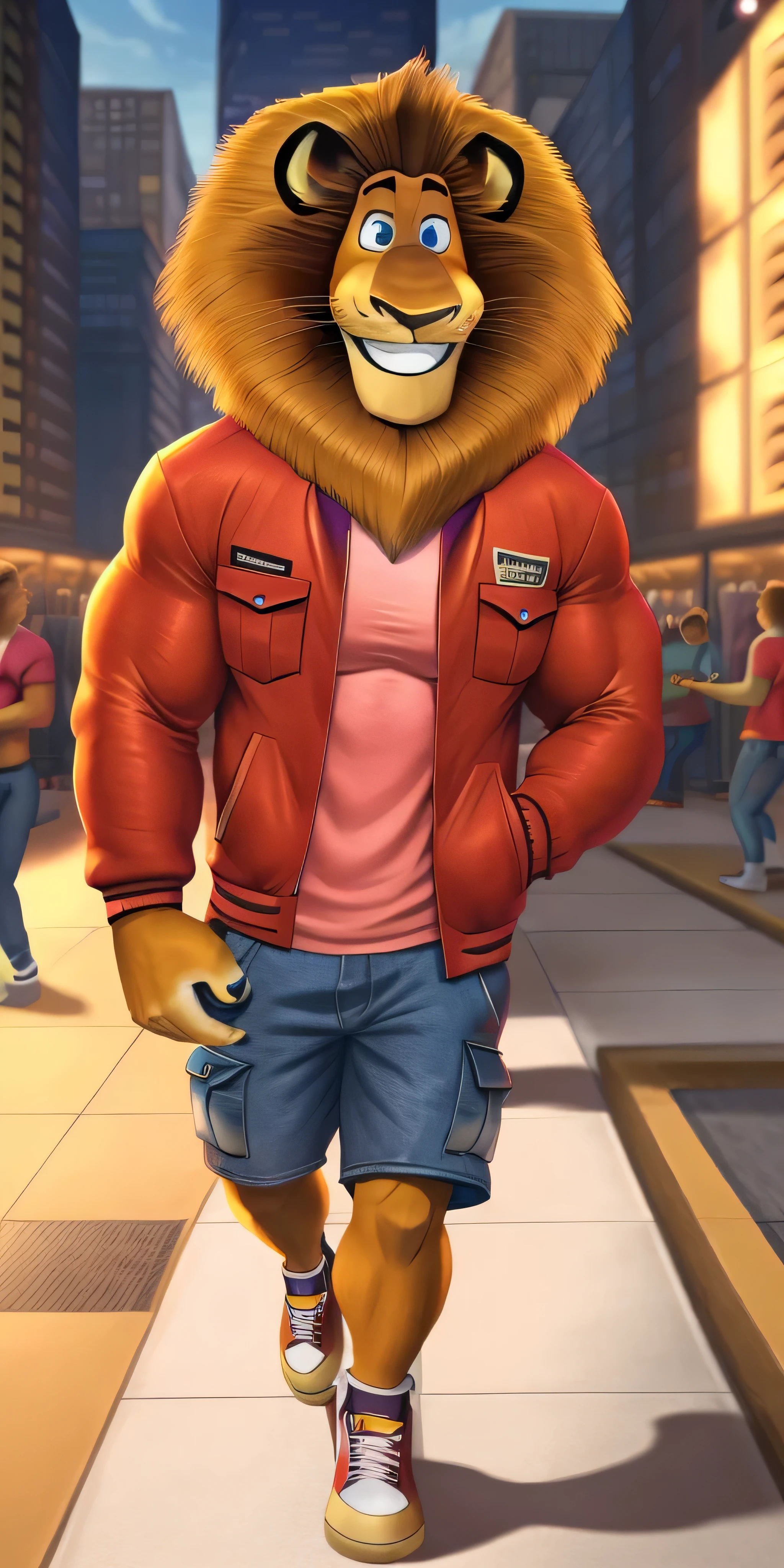 Alex the Lion, muscular body, big biceps, extremely beautiful and cute face, perfectly detailed blue eyes with perfectly detailed pupils, wears pink t-shirt, red varsity jacket with long sleeves, denim cargo shorts, sneakers, hands in pockets, city streets background, selfie, gentle look, cute smiling, hot, walking