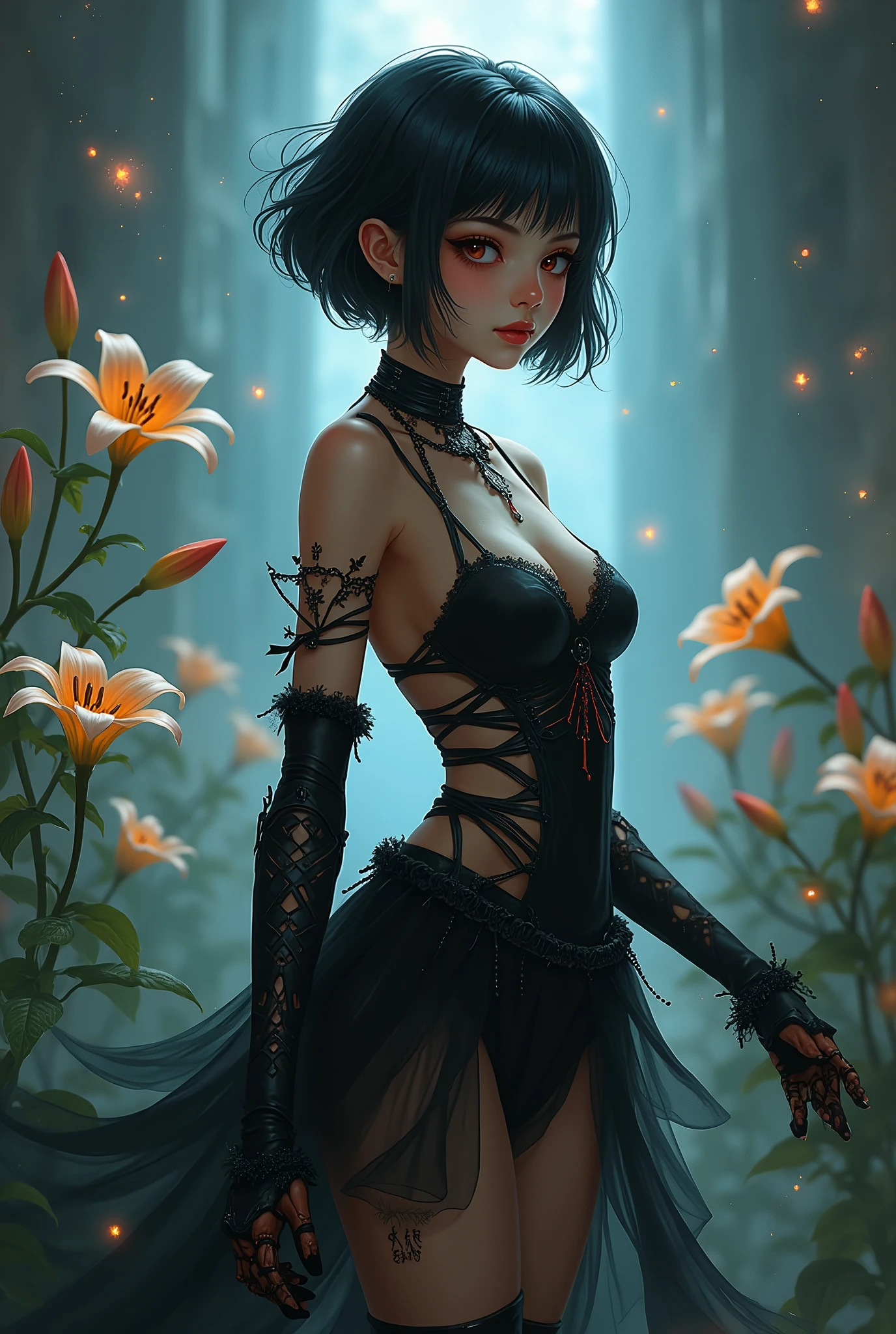Masterpiece, Best Quality, ultra detailed, illustration, epic lighting, cinematographic composition, isometric,(Hexagon:1.2), 1 girl, horns, Alone, yellow eyes, black fur, wide, (low wings:1.2), slit pupils, neckline, bare shoulders, hair between the eyes, big breasts, (White dress:1.1), golden ornaments, detached neck, session, standing, looking at the viewer, half closed eyes, (looking at the viewer:1.1), Chapped lips, blush, In the woods, particle effects,