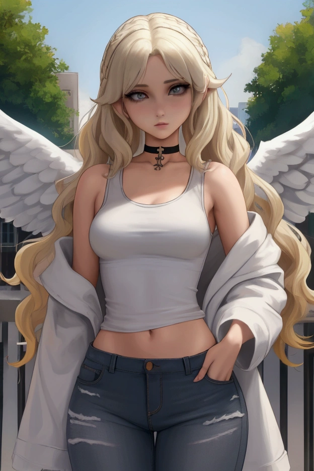 1girl, medium breasts, blonde hair, long hair, wavy hair, grey eyes, white feathered wings, angel, outdoors, white jacket, choker, tank top, jeans