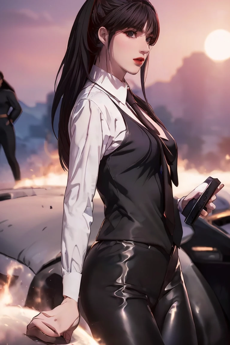 ((Masterpiece, best quality, very detailed), Volumetric light, surrounding occlusion, Rich and colorful, glow), 1 woman, , young girl, (Smooth black), long hair, radius, sacred, goddess, CEO Luke, (black suit, White shirt and red tie:1.3), armor, outdoor, sunset, sky, cloud, space, (Fantasy Theme:1.2),