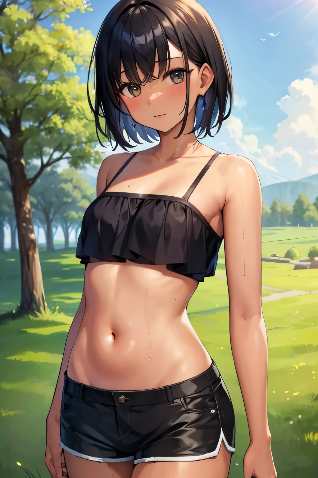 Summer Park, Camisole that shows your abdomen、well-shaped bust、sexy、Cool mini skirt、Red straw hat、laughter、red cheeks、Shining 17 year old cute little beautiful face,cute beauty、black haired,small-faced beauty,pale white skin,Glossy skin,Pale black eyes and bright, Dazzling and beautiful light、Stand as if dancing、hair blowing in the wind