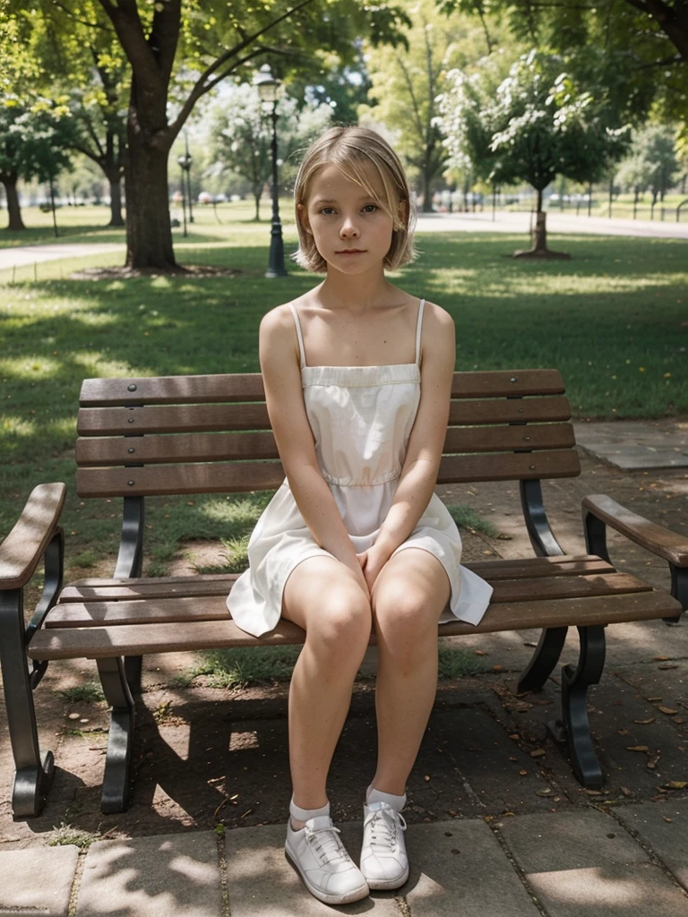 A  ten year old Nordic white girl1, with short blond shoulder length hair and a white dress, sitting on a bench in a park