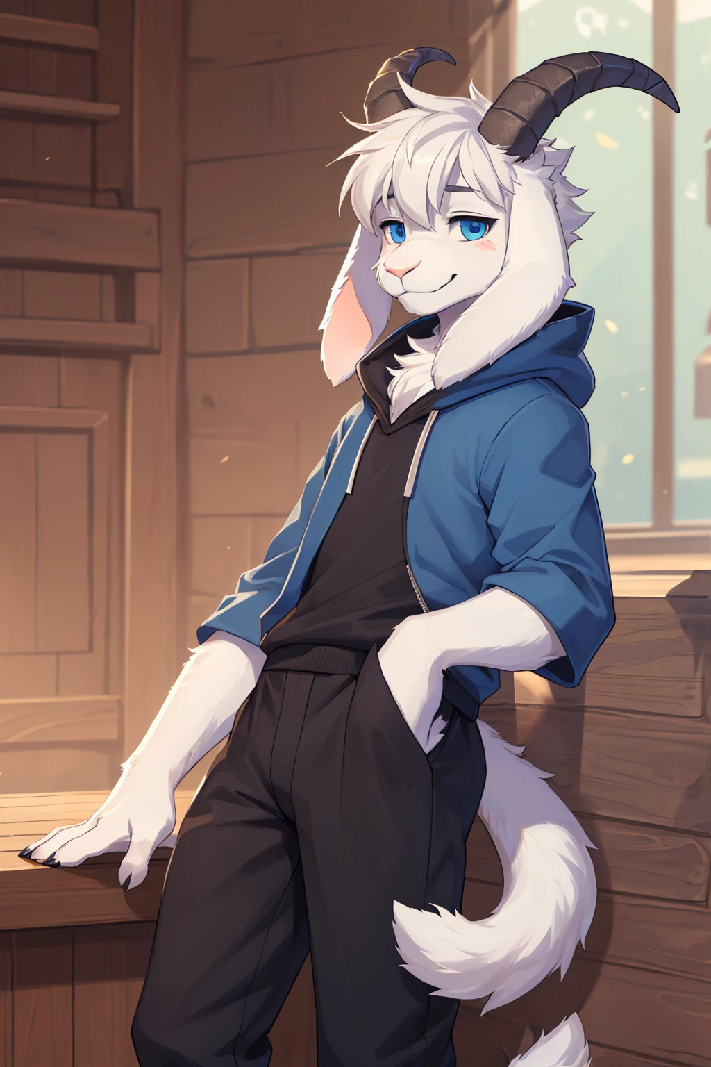 1boy, teenager, innocent, alone, Asriel, Undertale (Asriel Dreemurr), smile, 1Eskimo coat (blue coat, no drawing), tall, hairy, anthropomorphic, blue eyes (black blouse, black pants), goat's paw, paw with pastern((short tail, anthropomorphic tail, short tail, furry tail, goat tail, goat, anthro, furry tail, furry)), hair (bangs on the right side), barefoot, short horns, 2 white horns ((1 pair short horned)), ((Detailed, tail detail, short tail, face details, best quality)), 1 pair of ears (droop ears, anthro ears, furry floppy ears).