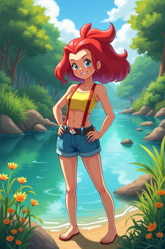 <lora:cutesexyrobutts_v2:1>csr style,((masterpiece)),((best quality)),((high definition)),misty pokemon,red suspenders,blue, denim shorts,side ponytail,wet,in water,wet t shirt,smile,ginger hair,yellow shirt,(red suspenders),pastel color, see-through shirt, large breast
