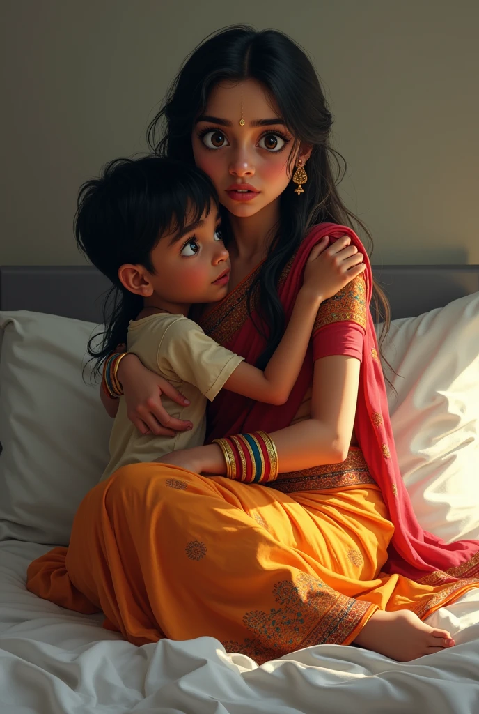 "Indian mother nurtures her son's curiosity, Happy family moments, comforting, Educational bonds, Happy learning, Smiling, Black shorts, white shirt, Classroom setup.", Indian mom wearing a pink color Saree, Bedroom, during the night, beautiful stars, blushed cheeks, Black hair, Adorable, Lovely, wholesome, Morning sunlight glows, Soft lights, photograph realistic, Ultra detailed, 1 Mom, 1boy, 1child, (Best quality, Masterpiece,)"