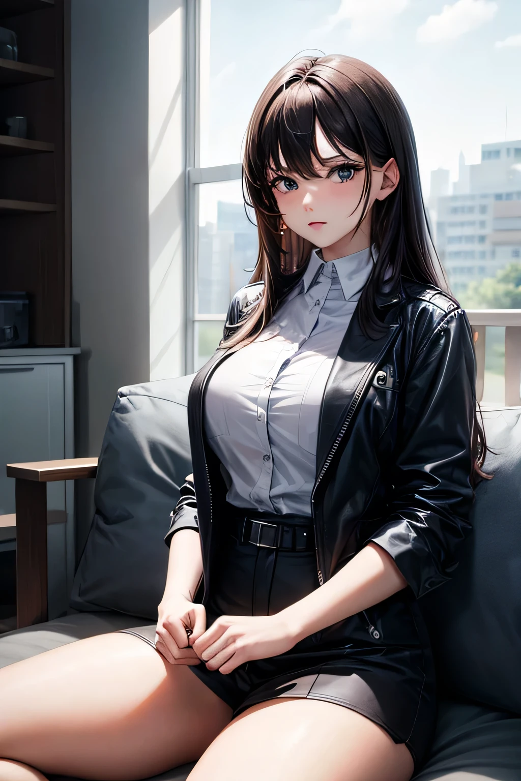 Amazing portrait of a sexy Korean girl with black hair that sits on her shoulder in a wolfcut style with curtain bangs having round lips and greyish eyes with a button nose shape