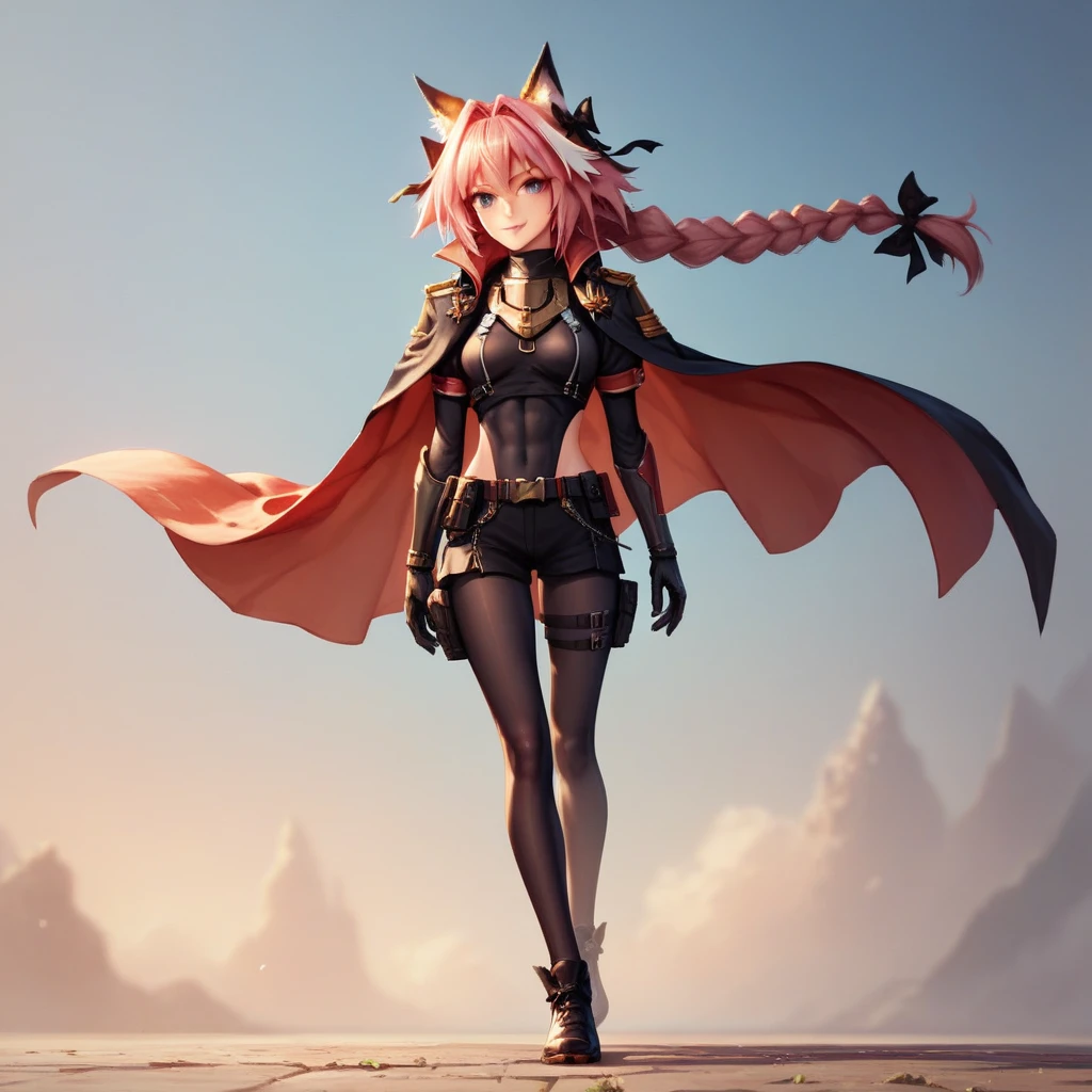 1girl , SS military black uniform , Fox , fullbody, astolfo, with cape