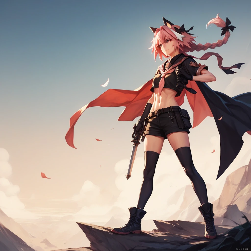 1girl , SS military black uniform , Fox , fullbody, astolfo, with cape