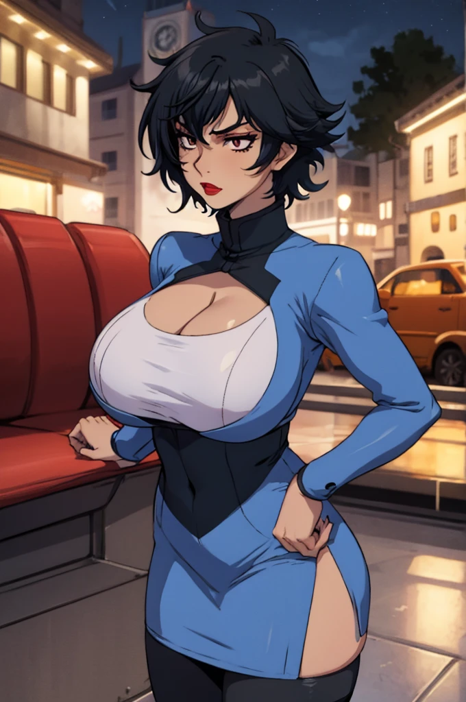 closed mouth, (20 years old), ((1girl)), ((((solo))), (((alone))), (((genderbend))), (((female))), wide hips, thick thighs, huge breast, narrow waist, ((blue top)), ((short sexy skin tight blue tube dress)), big cleavage, cocktail, party, ((anime artstyle)), long eyelashes, ((long black hair)), (((at night))), (red lipstick), (black eyeshadow), (in the dark)