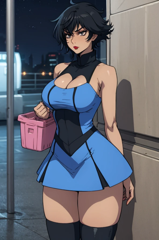 closed mouth, (20 years old), ((1girl)), ((((solo))), (((alone))), (((genderbend))), (((female))), wide hips, thick thighs, huge breast, narrow waist, ((blue top)), ((short sexy skin tight blue tube dress)), big cleavage, cocktail, party, ((anime artstyle)), long eyelashes, ((long black hair)), (((at night))), (red lipstick), (black eyeshadow), (in the dark)