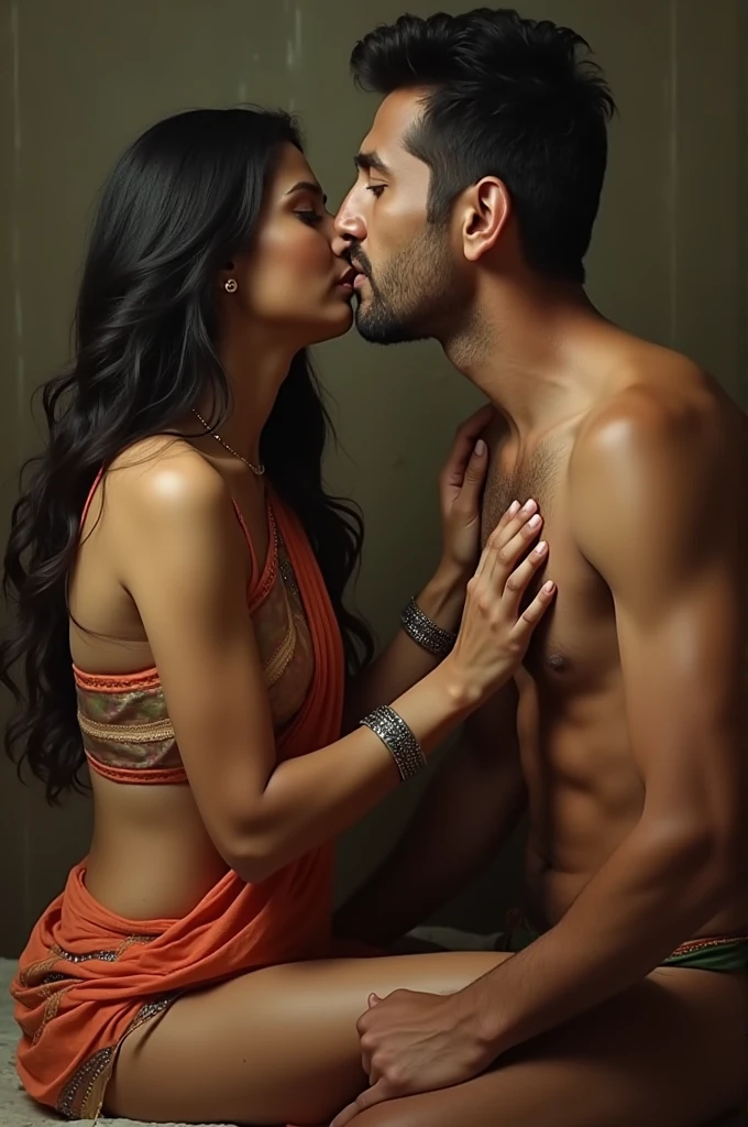 Make a photo of a women in naked sucking man's dick. Realistic photo. Big breasts and nipples. In yellow transparent saree.