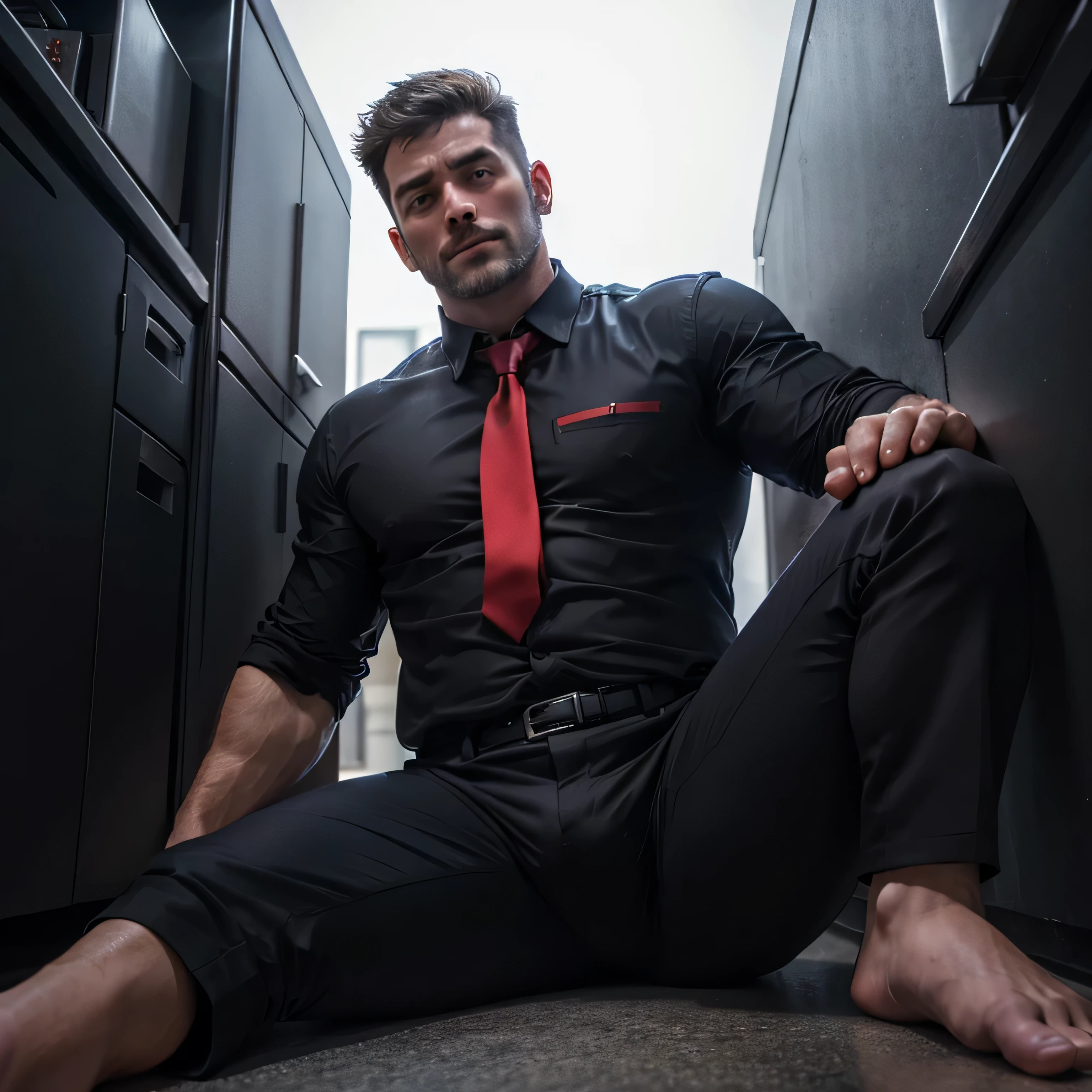 Middle-aged man,Stubble,、Handsome。Black Shirt、Red tie、Black pants、Small darkroom,Sit on the ground,Muscular ,Short short hair　Adorable look　　View from below