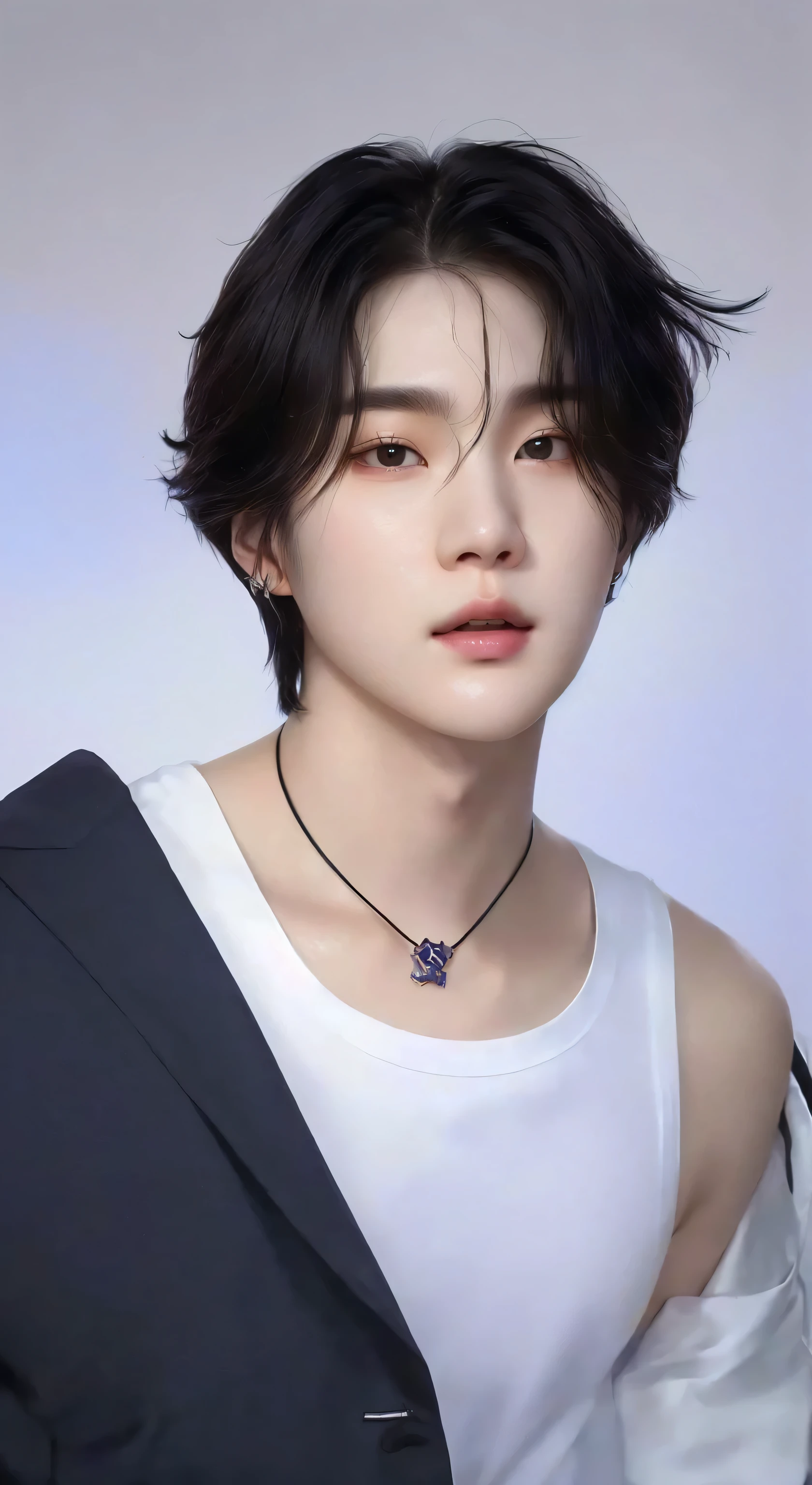 a close-up of a person wearing a white shirt and a black jacket, jung jaehyun, cai xukun, Kim Doyoung, hyung tae, Yoongi with black hair, Tae June Kim, yanjun chengt, delicate androgynous prince, Jinyoung Shin, Jimin, Jungkook, park Jimin, inspired by jeonseok lee, Ulzzang spacious, naughty man, masculine face, Yoongi, min Yoongi, Sugar