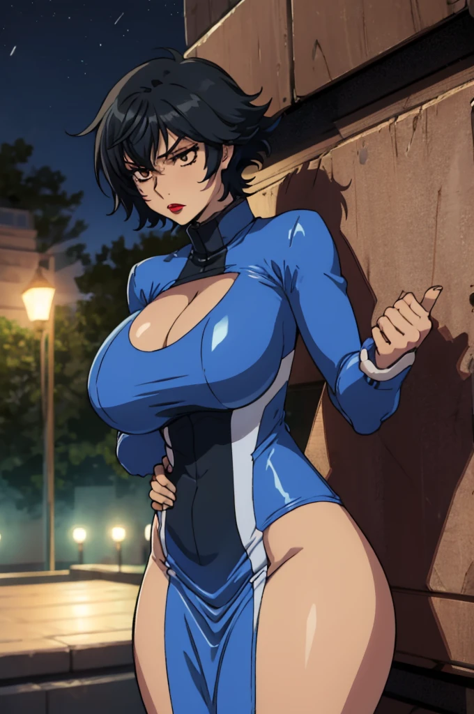 closed mouth, (20 years old), ((1girl)), ((((solo))), (((alone))), (((genderbend))), (((female))), wide hips, thick thighs, huge breast, narrow waist, ((blue top)), ((short sexy skin tight blue latex dress)), big cleavage, cocktail, party, ((anime artstyle)), long eyelashes, ((long black hair)), (((at night))), (red lipstick), (black eyeshadow), (in the dark), ((grope))