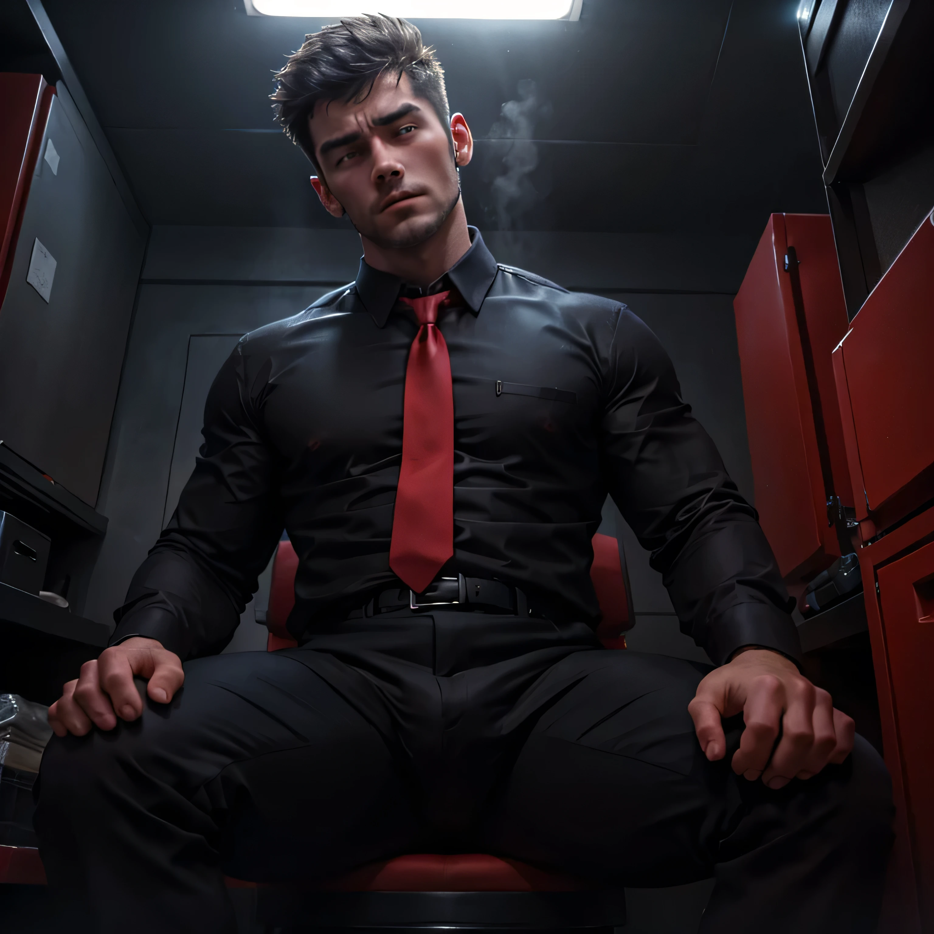 man,、Handsome。Black Shirt、Red tie、Black pants、Small darkroom,Sit on the ground,Muscular ,Short short hair　Painful expression　drooling　View from below