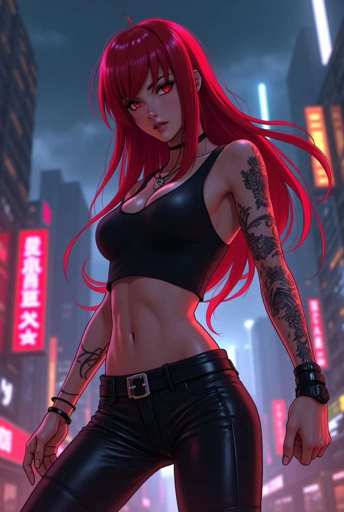 1girl, redhead hair, girl, mature woman, micro highleg highneck swinsuit, small breast, futuristic cyberpunk, bionic joints, (twin tail, hairband, mechanical eye, colored sclera, red sclera, long hair, green pupils, fang, red eyes, black croped jacket ) 2d, colorful manga detailed illustration, cinematic, ultra highly detailed, beautiful details, vivid, saturated colors, filigree detailed, tiny details, pop surrealism, cowboy shot,show tits,show