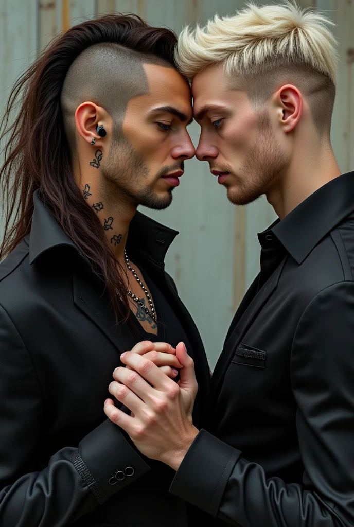 (two deeply passionate, naked tattooed blonde bodybuilder men kissing intensely in a dark and moody atmosphere) seen from a low angle