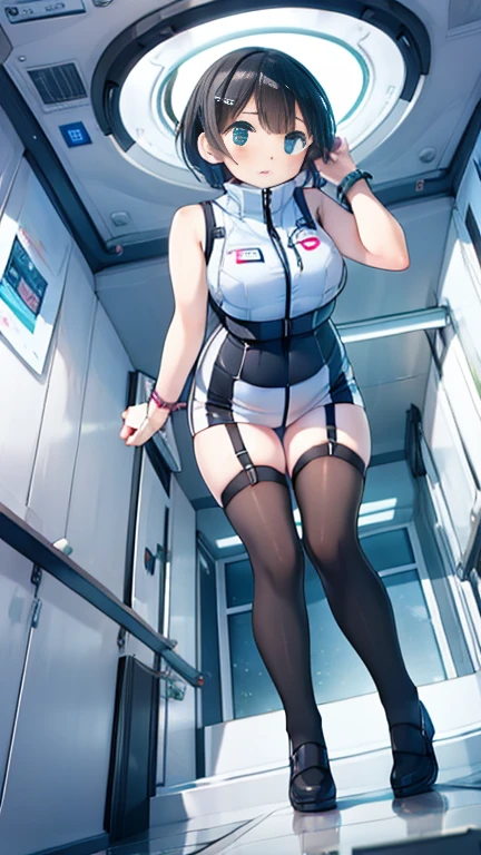 (Highest quality), (masterpiece), 1080P, High resolution, 4K, 8k, Inside the space station、Futuristic room、Thigh straps, Shooting from directly below, The woman on top of me, 白いSweat, Covered , Sweat, Woman looking down, Skirt swimsuit, Thigh-high socks, To achieve this, , , whole body, Black leather shoes, Braided hair, Inner Color, Embarrassed face, Short black hair, bracelet, Bedroom,celestial body_Vest
