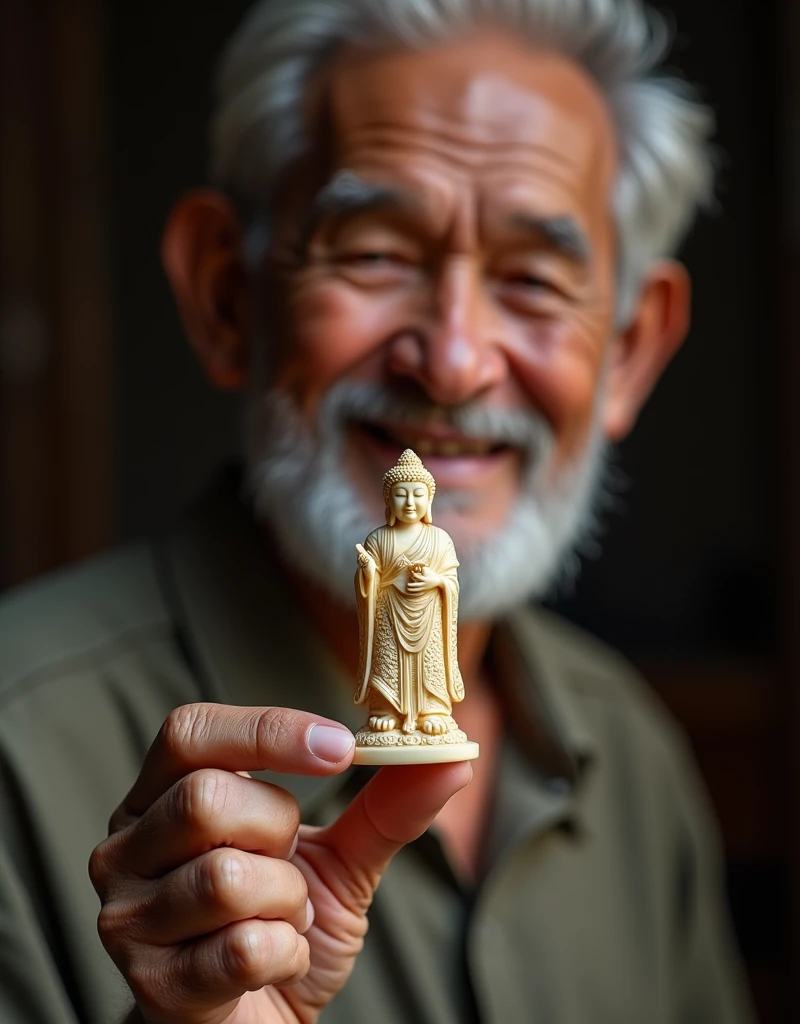 mini size Buddha statue about 1centi meter, slender adult Buddha statue, made of ivory, very elaborate and beautiful, beautiful ornament\(flowers, lotus, halo, etc\) carved, fearless face, covered with clear case and made into a pendant, poor skinny Thailand old man holding it on 1finger with great care and showing it very happily, focus on the Buddha statue, close-up photo of Buddha statue,beautiful lighting,