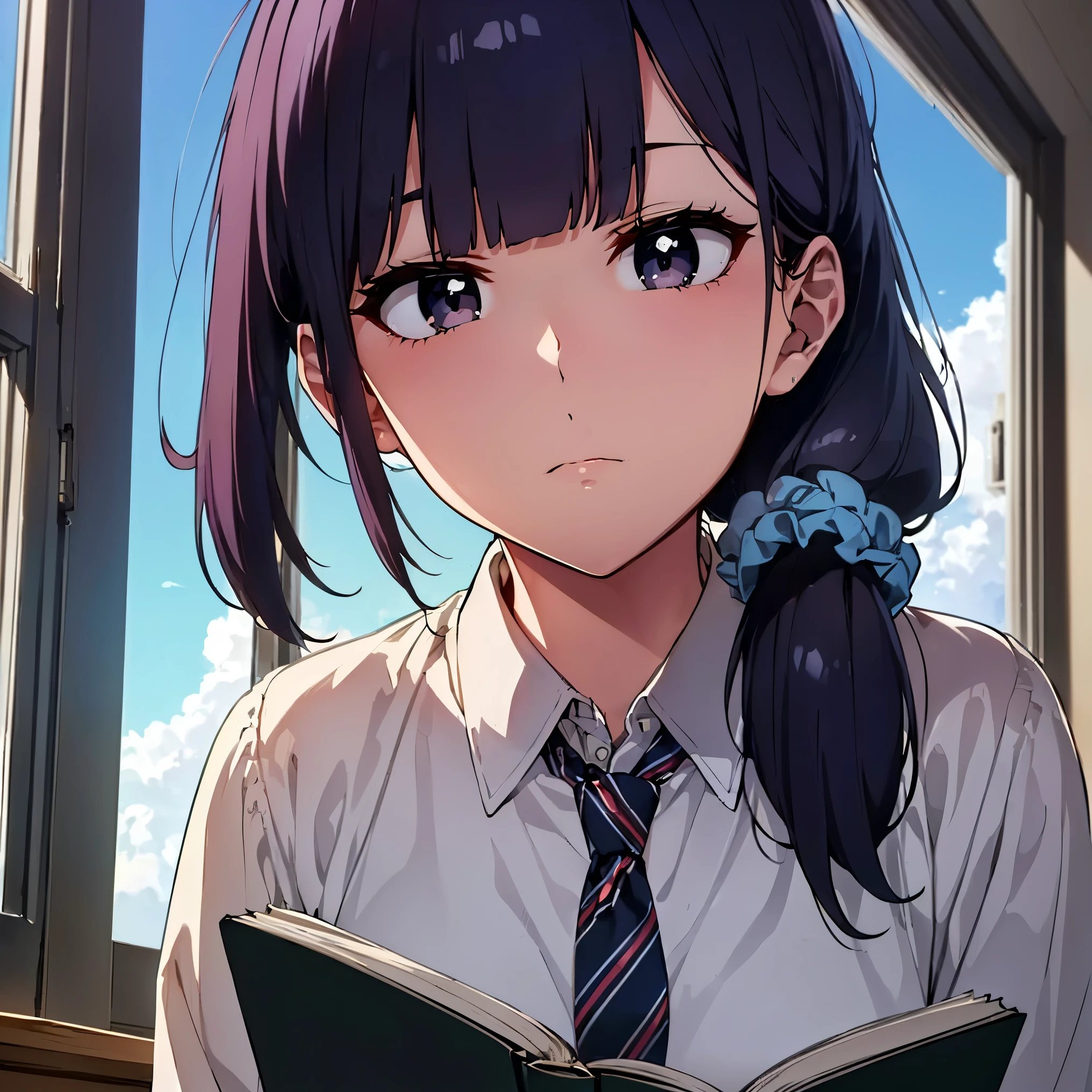 (1 girl, standing alone, standing alone), (gundou Misuzu, gundou_Misuzu, Bblack hair, dark violet eyes, tied up hair, hair with bangs, blue erasers, blue hair clip), ((standing alone, (1womanl, eyes black), extremely detaild, soft ambient lighting, 4K , perfects eyes, a perfect face , perfect lighting, The 1 girl)), ((Fitness, , shapely body, athletic body, toned body)) , ((School uniform, Dark blue cardigan, red striped tie, white  shirt , , School, class room, janelas, Garden, clouds, flowers, blue sky, reading a book, ((medium close-up, Framing Medium Shot Short)), ,boredom, apatia, apathetic, class room))