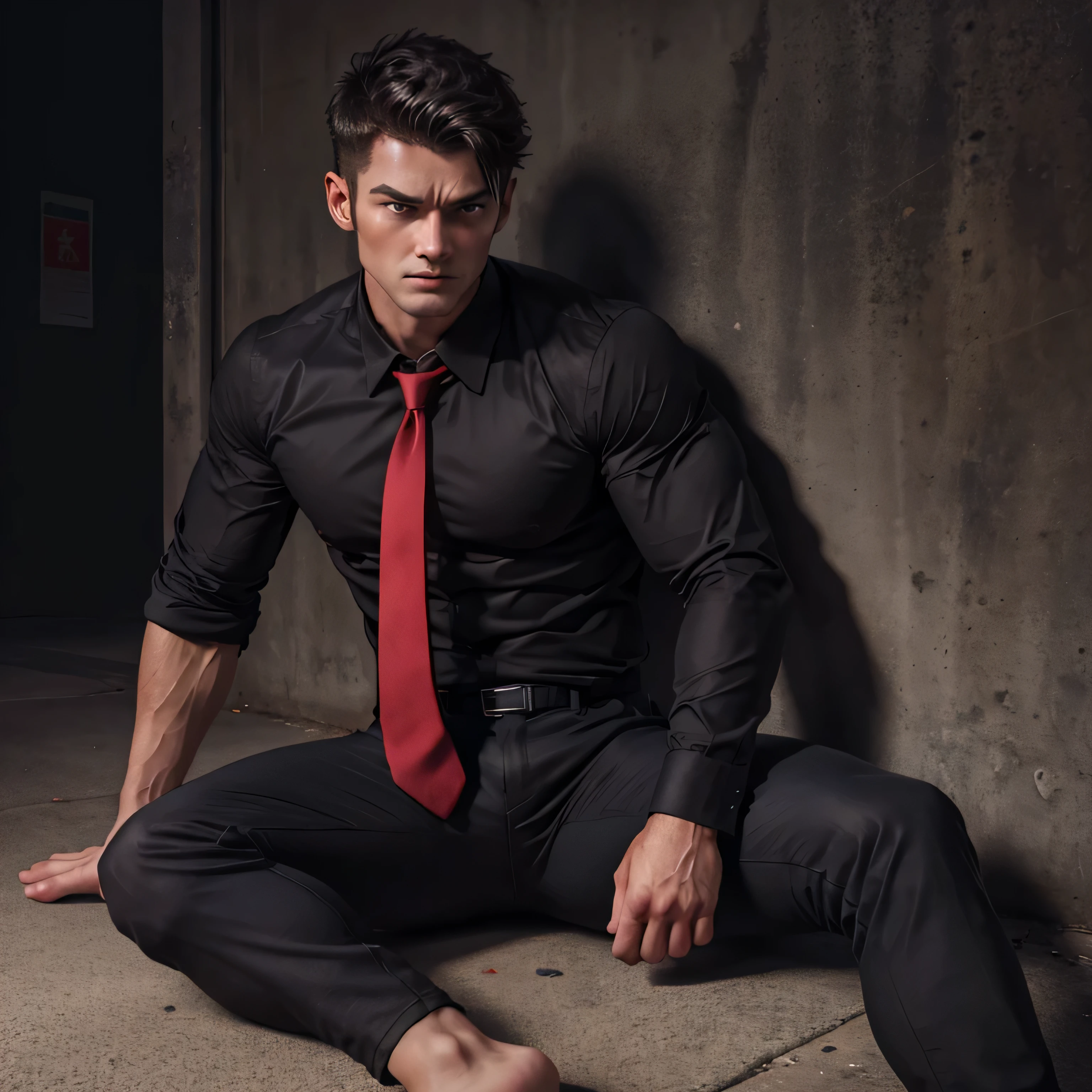 man,、Handsome。Black Shirt、Red tie、Black pants、Small darkroom,Sit on the ground,Muscular ,Short short hair　Staring with a menacing expression