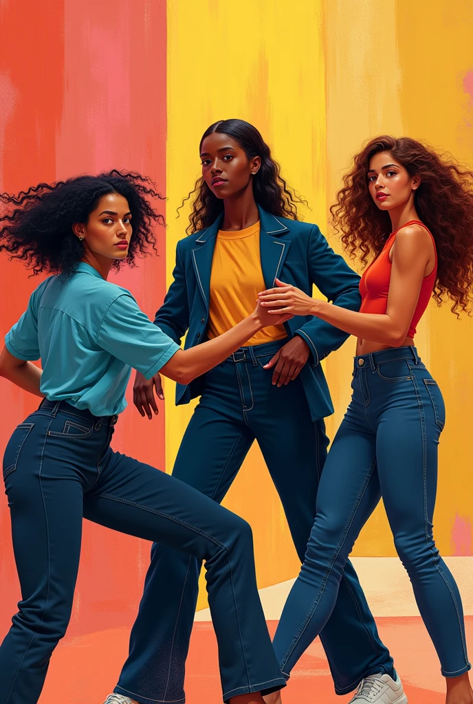 Create samples of a dark skinned lady showcasing how to style in mom jeans, cargo pants, skinny jeans, flared jeans and straight jeans.