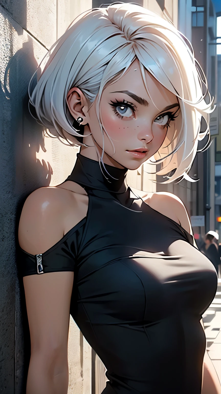 detailed portrait of a beautiful woman, 1girl, (AngelMS:1.4), midriff, looking at viewer, (cleavage), cropped jacket, best quality, 4k, 8k, highres, masterpiece:1.2, ultra-detailed, URBAN SAMURAI,holding a dagger each hand, fullbody shot
