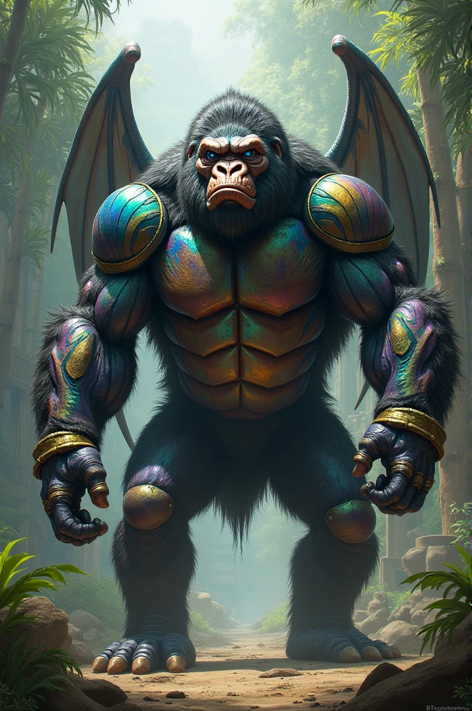 cute monster, expressive bright big eyes, red hair, muscular gorilla body from the groin up, unicorn horn, centipede body from the groin down, human face with fish features, blue medium hair, pinky skin, butterfly wings, spider legs, in an enchanted forest, with morning sun shining in the sky.
